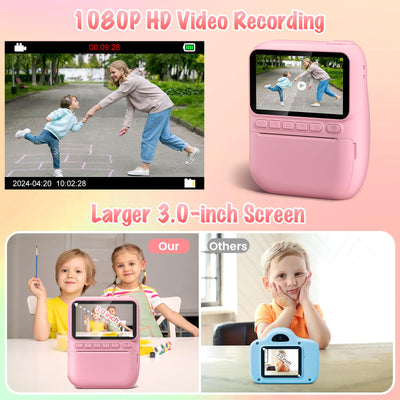 Gofunly Sofortbildkamera Kinder, 3.0 Zoll Bildschirm Kinderkamera Sofortbildkamera mit 32GB Karte & Druckpapier, 14MP/1080P Kamera Kinder Sofortdruck, Geschenk für 3-12 Jahren (Rosa)