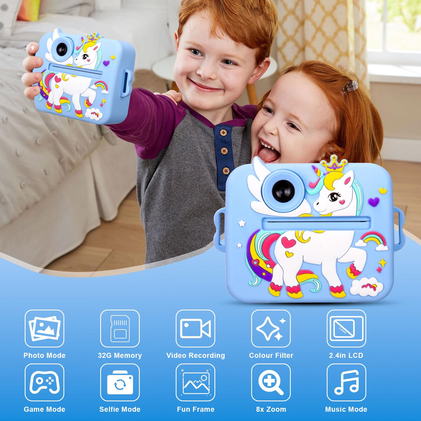 Kinderkamera, Sofortbildkamera Kinderkamera 48MP, 2,4 Zoll 1080P HD Kinder Digitalkamera mit 32GB Karte & Druckpapier, 8X Zoom, Geschenke für Jungen und Mädchen 3-12 Jahre (Blau)