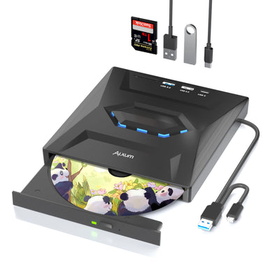 Alxum Externes CD DVD Laufwerk für Laptop,USB 3.0 Type C CD Laufwerk extern USB mit SD/TF Kartenleser und USB Anschlüsse,Externes DVD Laufwerk für Laptop,Desktop,MacBook,Windows,Linux,Mac OS,Vista