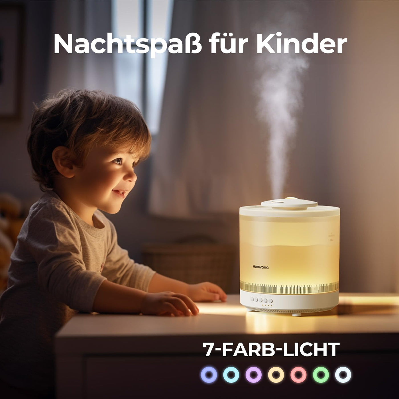 Homvana Luftbefeuchter Schlafzimmer, 1,8 L Top-Fill Kühlnebel Klein Luftbefeuchter für Baby Kinderzimmer, Pflanzen und Kinderheime, 3-in-1 Diffusor, Air Humidifier for Bedroom, Baby, Growbox, Pflanzen