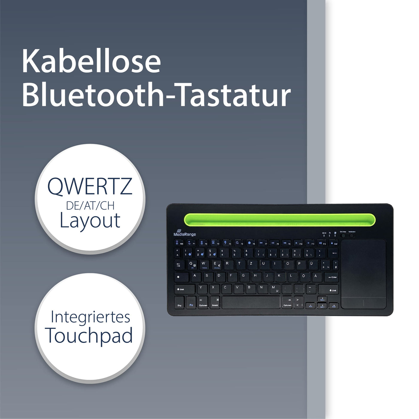 MediaRange, Bluetooth, kompakte Multi-pairing Funk-Tastatur mit 78 Tasten und Touchpad, QWERTZ (DE/AT/CH) Tastaturbelegung, schwarz/grün
