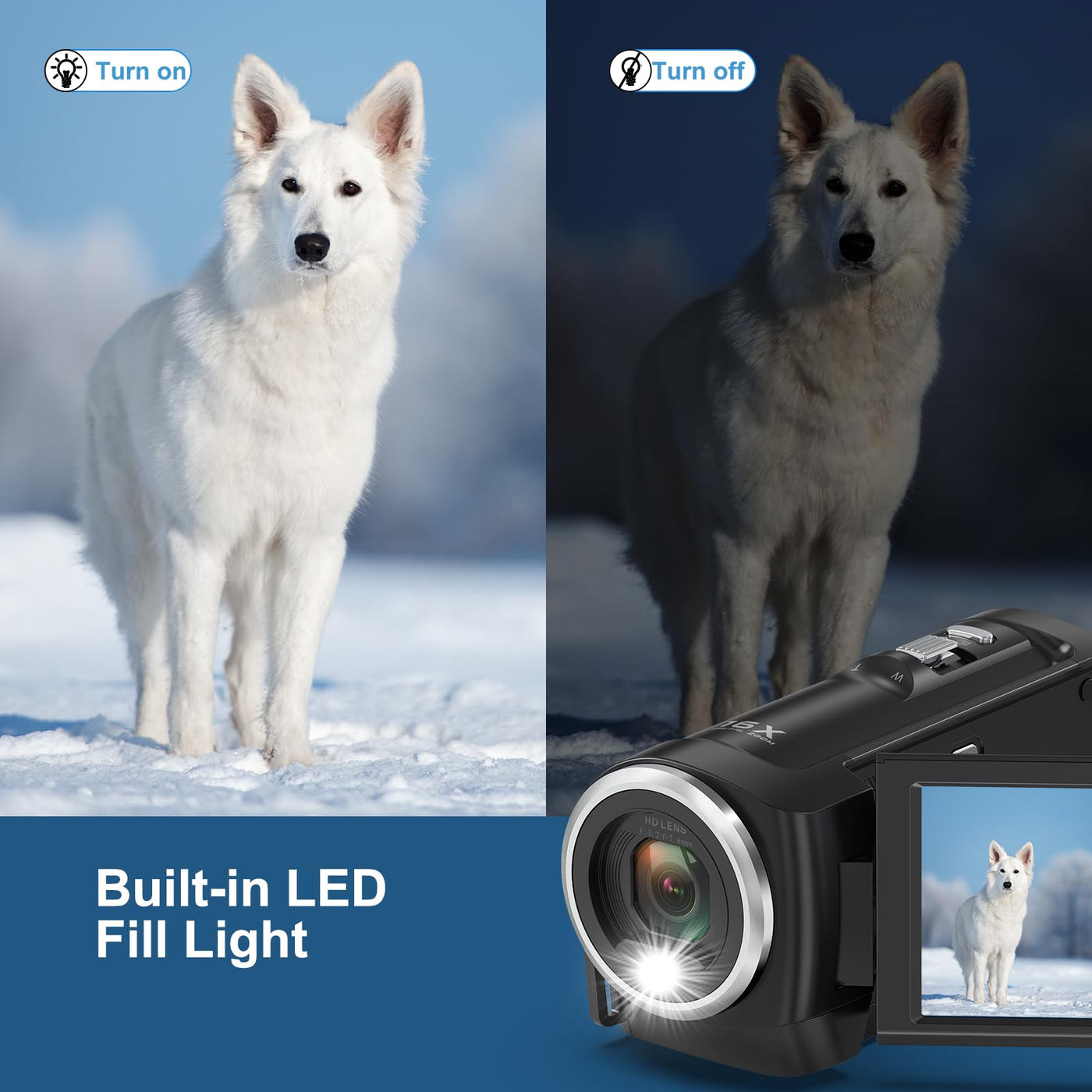 Delmodes Videokamera 2.7K 56MP Camcorder 16X Digitalzoom Vlogging Camera mit LED-Fülllicht für YouTube, 2.8" LCD Bildschirm Camcorder mit 32 GB SD-Karte, 2 Batterien