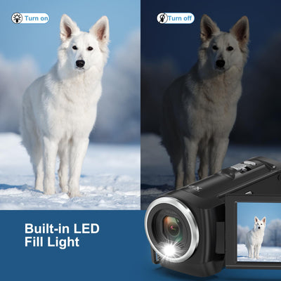 Delmodes Videokamera 2.7K 56MP Camcorder 16X Digitalzoom Vlogging Camera mit LED-Fülllicht für YouTube, 2.8" LCD Bildschirm Camcorder mit 32 GB SD-Karte, 2 Batterien