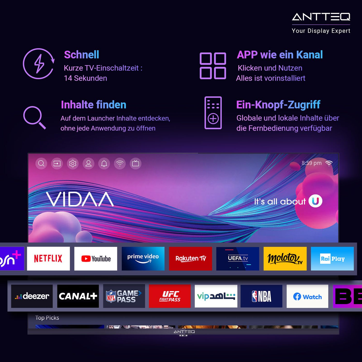 Antteq ViTA Series Smart TV 25 Zoll (Fernseher 64 cm),FHD,Triple Tuner(DVB-T2/S2/C),App Store,Netflix,Prime Video,DAZN,UVM,WiFi,Hotelmodus,V25-AF3Q1 2024