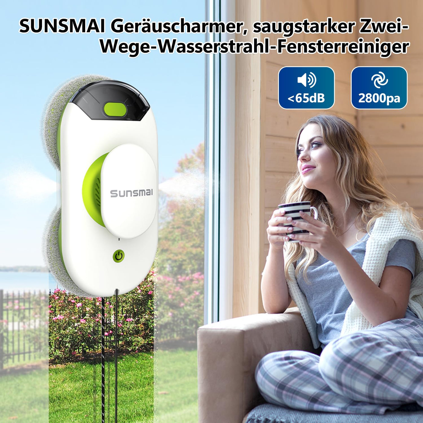 SUNSMAI S60-1A Mini Green Dual Side Spray Fensterputzroboter, Anti-verstopfungsfreie Elektrisch Automatischer Fensterroboter mit Wassersprühfunktion,3800pa Starke Anti-Drop Fensterputzer