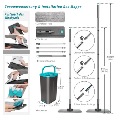 Myiosus Wischmopp Set mit Eimer, Bodenwischer mit Auswringfunktion, 6 Mikrofaser Mehrweg Wischpads Enthalten, Putzeimer mit Wischmop, Mop and Buckets Sets für Hartholz Fliesen Marmor Laminat