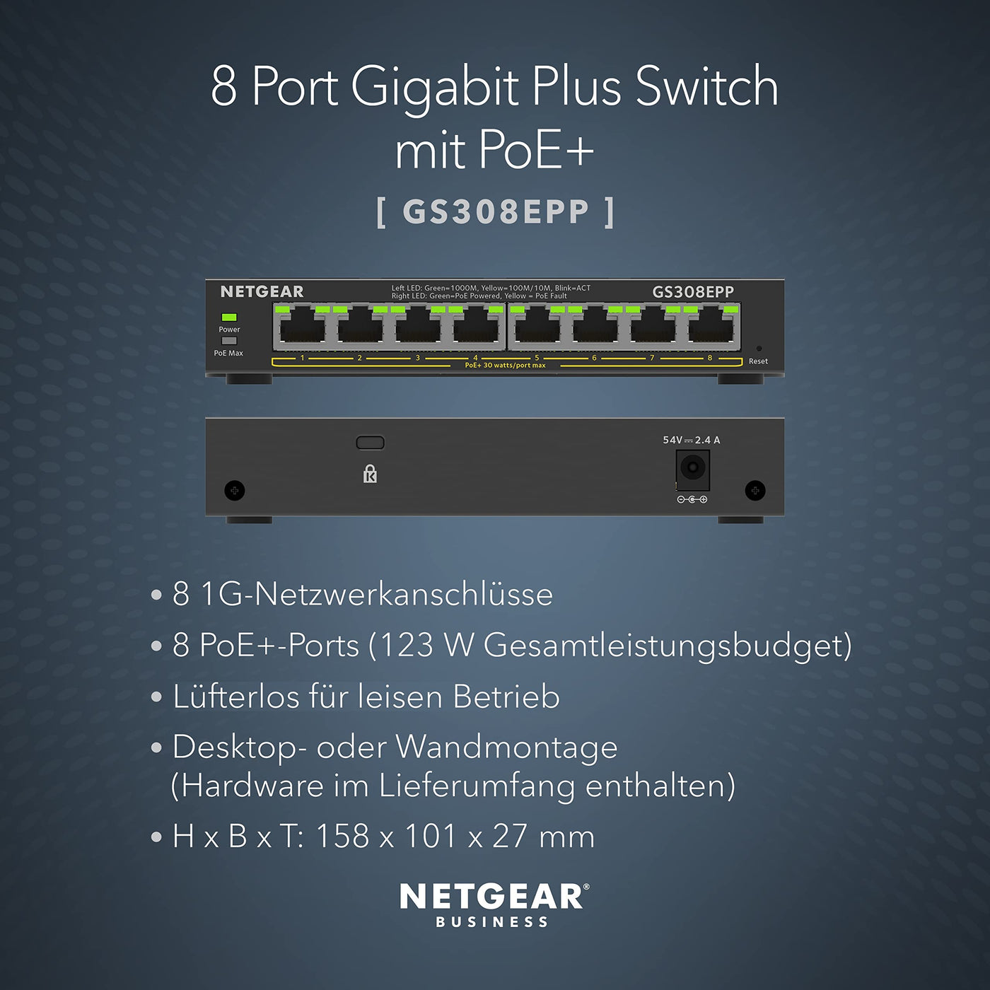 NETGEAR GS308EPP PoE Switch 8 Port Gigabit Ethernet LAN Switch PoE+ 123W Plus (Managed Netzwerk Switch PoE mit IGMP Snooping, QoS, VLAN, lüfterloses Metallgehäuse)