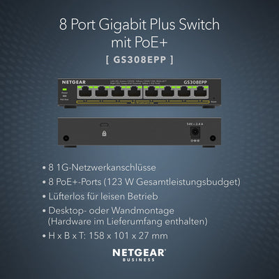NETGEAR GS308EPP PoE Switch 8 Port Gigabit Ethernet LAN Switch PoE+ 123W Plus (Managed Netzwerk Switch PoE mit IGMP Snooping, QoS, VLAN, lüfterloses Metallgehäuse)