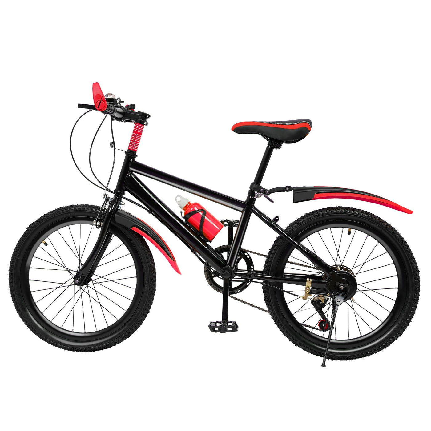 Fyssnn 20 Zoll 7 Gang Kinder Höhenverstellbar Mountainbike für Jungen Mädchen | Max 85kg | Sicherheitsbremsen | Fahrrad mit Schutzblech/Stauraumtasche/Trinkflasche Set/Kompassklingel (Schwarz-Rot)