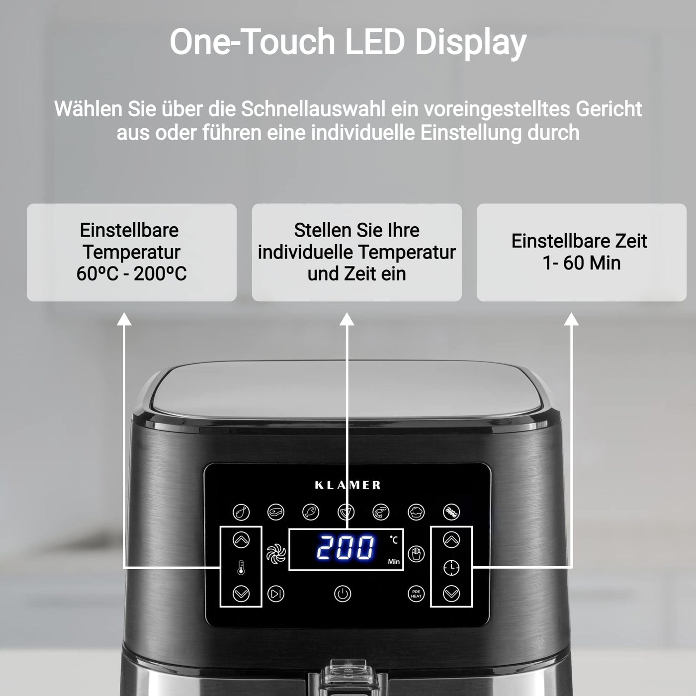 KLAMER Heißluftfritteuse 5,5l XXL, ölfreie Friteuse, 1700W Airfryer mit LED-Touchscreen, digitalem deutschen Rezeptbuch, multifunktionale Mini-Heissluftfrittuese ohne Öl