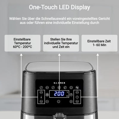 KLAMER Heißluftfritteuse 5,5l XXL, ölfreie Friteuse, 1700W Airfryer mit LED-Touchscreen, digitalem deutschen Rezeptbuch, multifunktionale Mini-Heissluftfrittuese ohne Öl
