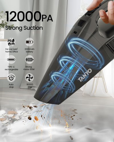 TANYO Handstaubsauger Akku, 12000Pa Handstaubsauger Kabellos 2000mAh Batterien Autostaubsauger Stark mit Waschbar HEPA Filter, Mini Staubsauger für Auto, Küche, Haus, Tierhaare Eisenhaltig