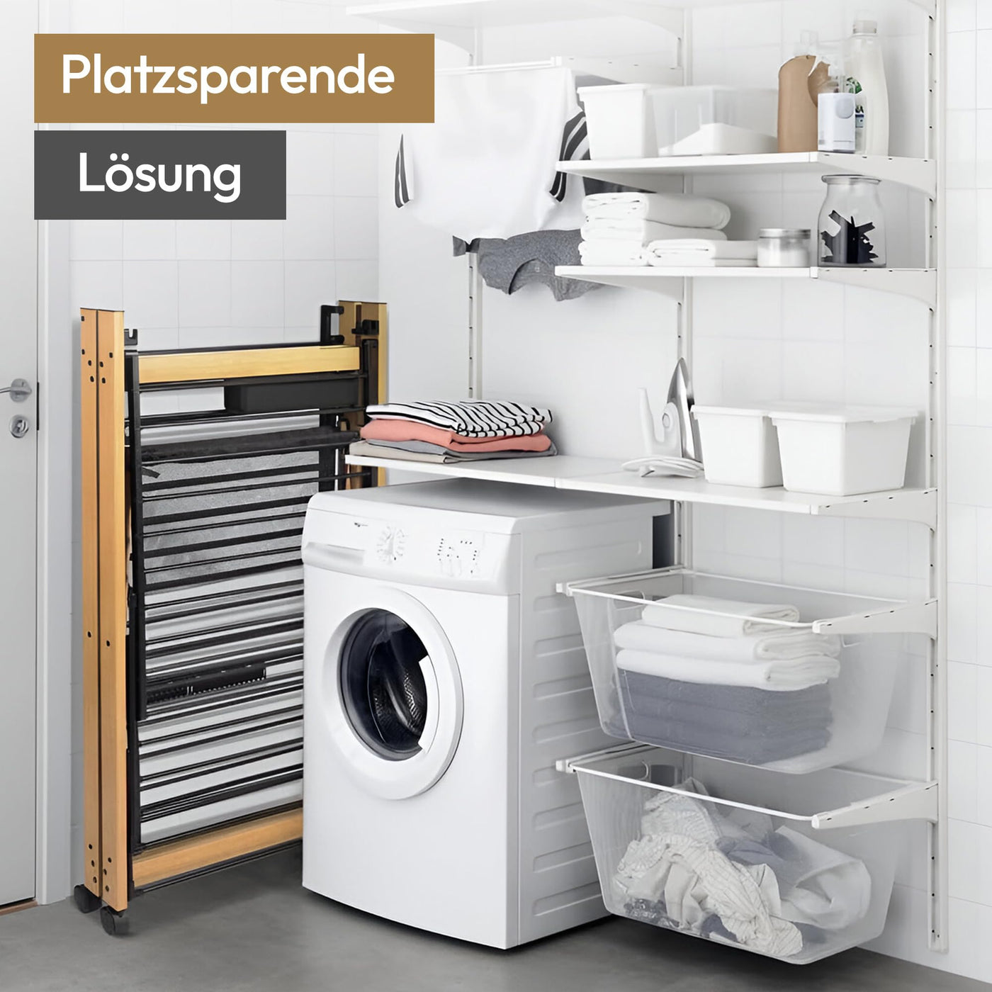 Meisterhome® Wäscheständer Standtrockner 30m Trockenleinenlänge, Flügelwäscheständer, Flügelwäschetrockner platzsparend, Metall, für Kleidung, Handtücher, Wäsche - Schwarz