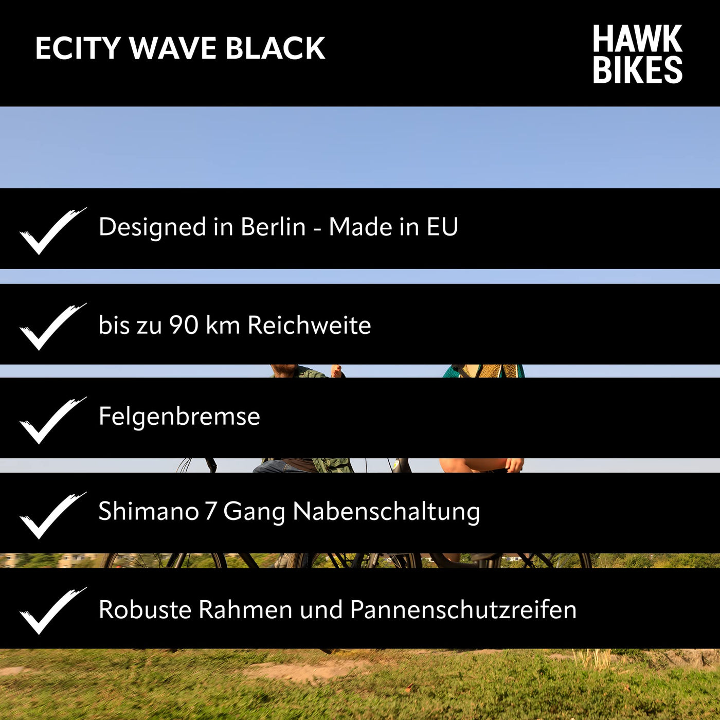 HAWK eCity Wave Black E-Bike Herren & Damen 250W I Stadtrad mit leichtem Aluminiumrahmen I E Bike Herren 28 Zoll mit 7-Fach Nabenschaltung
