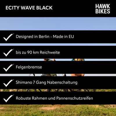 HAWK eCity Wave Black E-Bike Herren & Damen 250W I Stadtrad mit leichtem Aluminiumrahmen I E Bike Herren 28 Zoll mit 7-Fach Nabenschaltung