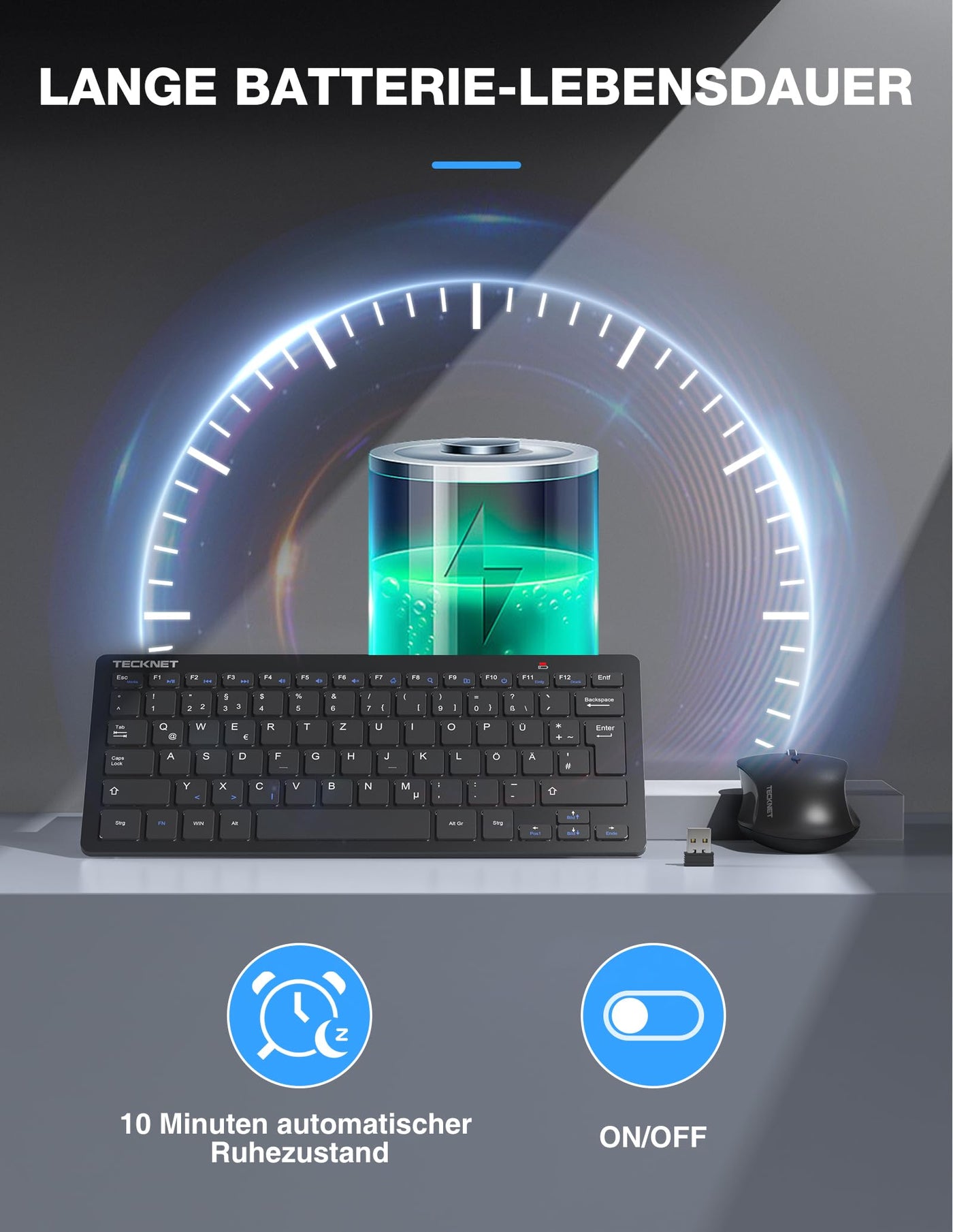 TECKNET Kabelloses Tastatur Maus Set, Deutsch QWERTZ Layout, 2.4 GHz Funk Mini Tastatur Mouse, 15m Reichweite Verbindung, Wireless Leise Funktastatur mit Maus für PC, Laptop, Smart TV, Schwarz