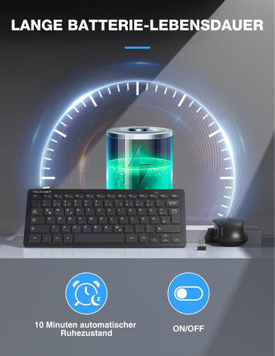 TECKNET Kabelloses Tastatur Maus Set, Deutsch QWERTZ Layout, 2.4 GHz Funk Mini Tastatur Mouse, 15m Reichweite Verbindung, Wireless Leise Funktastatur mit Maus für PC, Laptop, Smart TV, Schwarz