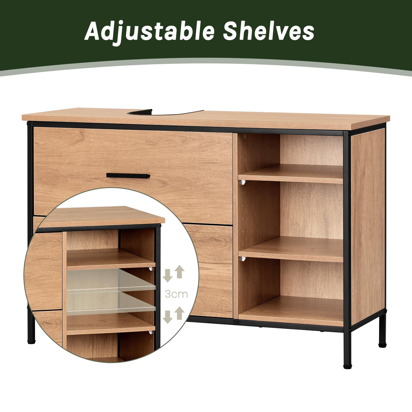 EUGAD Waschbeckenunterschrank, Badezimmerschrank mit 2 Schubladen 3 offenen Fächern, Unterschrank mit verstellbaren Ablagen, freistehender Waschtischunterschrank, 90x60x30 cm