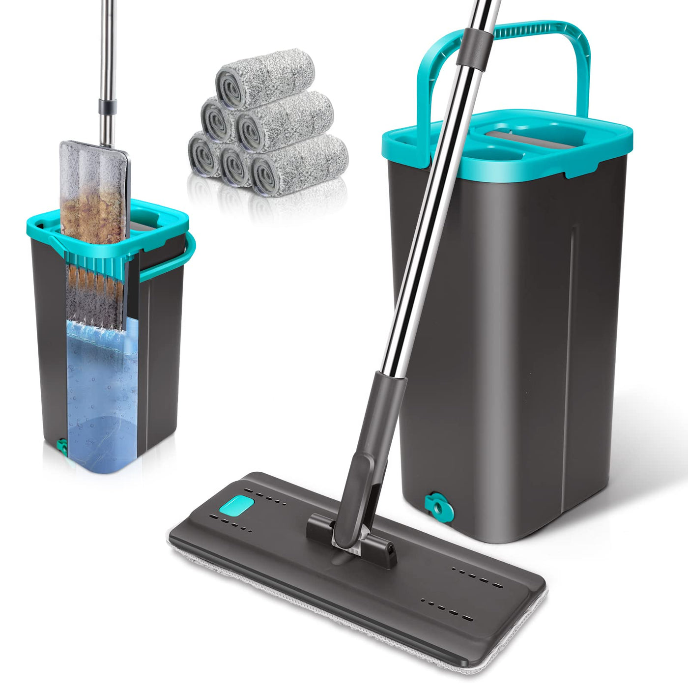 Myiosus Wischmopp Set mit Eimer, Bodenwischer mit Auswringfunktion, 6 Mikrofaser Mehrweg Wischpads Enthalten, Putzeimer mit Wischmop, Mop and Buckets Sets für Hartholz Fliesen Marmor Laminat