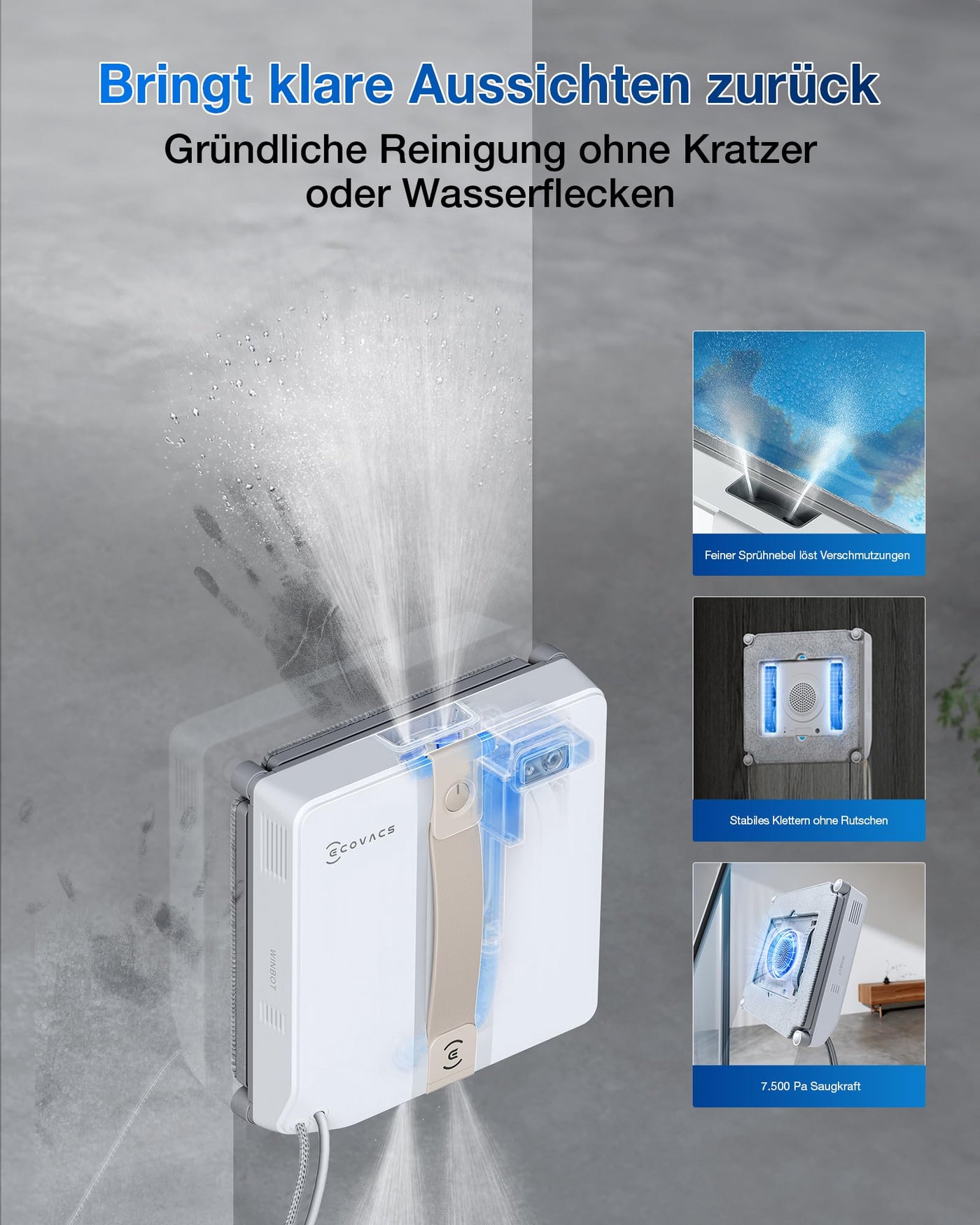 ECOVACS WINBOT Mini Fensterputzroboter, kompaktes Design, Doppel-Düsen mit Ultraschall-Zerstäubung, 9-Stufen-Schutzsystem, intelligente Pfadplanung, 4 Reinigungsmodi, Anti-Rutsch-System, Beige
