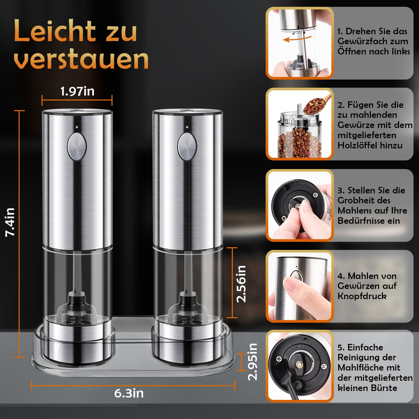 MILFECH Salz und Pfeffermühlen Elektrische Rostfreie Stähle 2er Set, Mit transparentem Aufbewahrungsboden, kleinem Pinsel und kleinem Holzlöffel (Silber), KYMQ-32A-H52-BS-BXG
