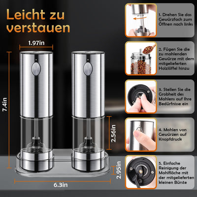 MILFECH Salz und Pfeffermühlen Elektrische Rostfreie Stähle 2er Set, Mit transparentem Aufbewahrungsboden, kleinem Pinsel und kleinem Holzlöffel (Silber), KYMQ-32A-H52-BS-BXG