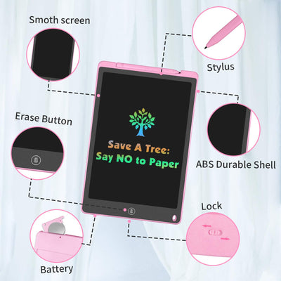 HOMESTEC Schreibtafel 12 Zoll, Buntes Display, Blau & Schreibtafel 12 Zoll, Buntes Display, LCD Elektronische Maltafel für Kinder, Display Kinder Laptop für Notieren/Zeichnen, ab 3 Jahre Rosa