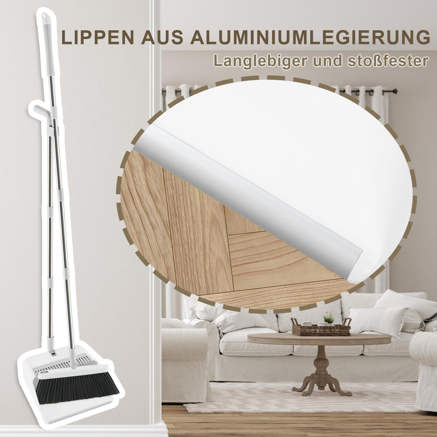 Mitclear Besen und Kehrschaufelset Set mit Langem Griff, 180° drehbare Kehrbesen Kehrmaschine und Haushalt Kehrschaufel Combo mit Aluminiumlegierung-lippe für die Reinigung von Haus, Büro, Lobby