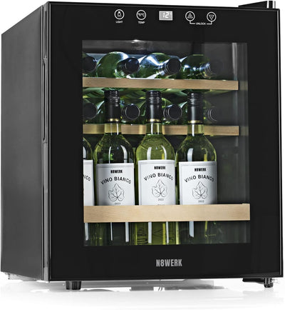 N8WERK Weinkühlschrank für bis zu 15 Flaschen Wein | Leise Kompressortechnologie, freistehend, Temperaturbereich 4 °C - 18 °C, Thermoverglasung | LC-Display, LED-Beleuchtung