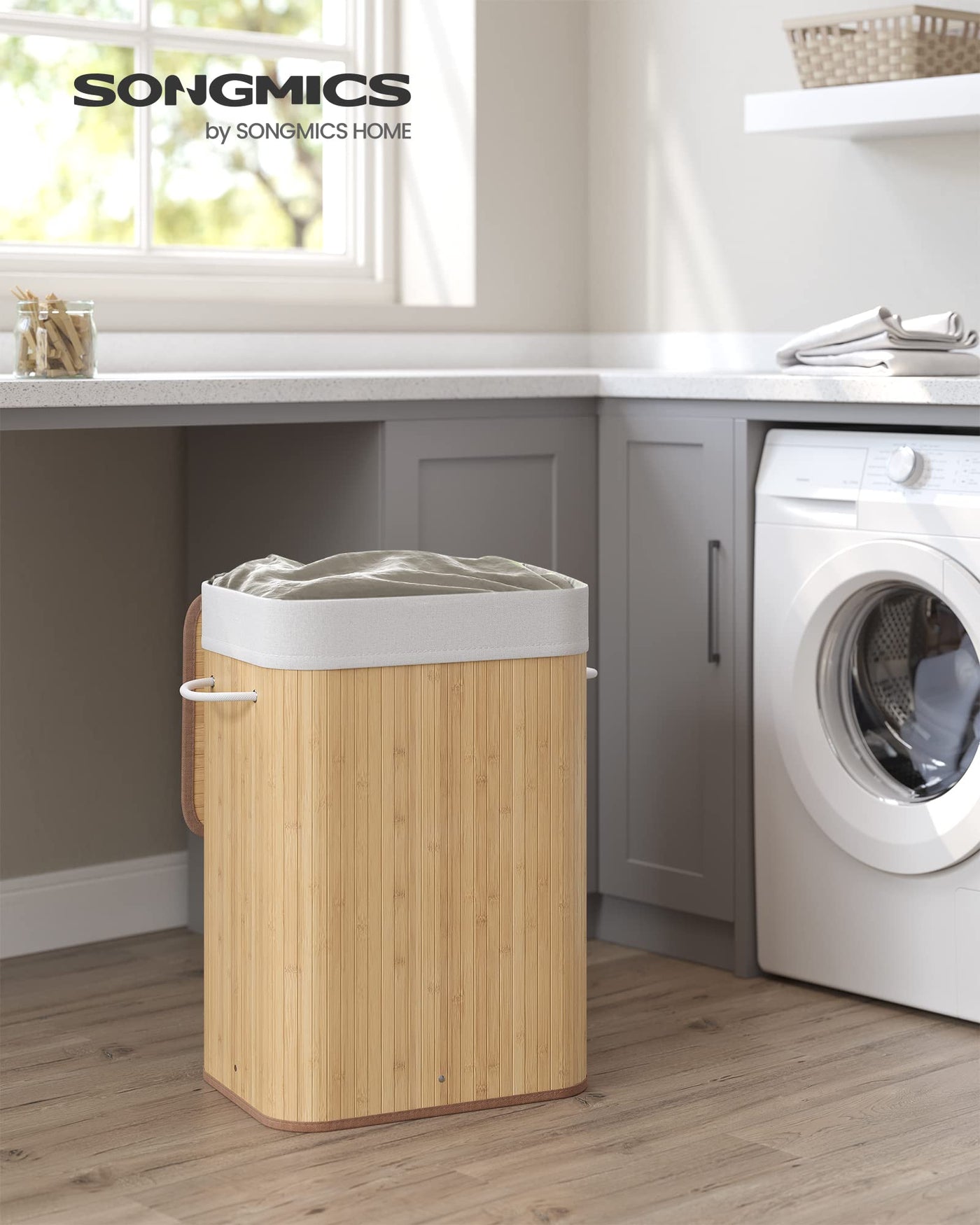 SONGMICS Wäschekorb mit Deckel, 72 L, Wäschekorb aus Bambus, faltbar, mit abnehmbarem waschbarem Beutel, Griffen, für Waschküche, Schlafzimmer, Holzfarbe LCB10Y