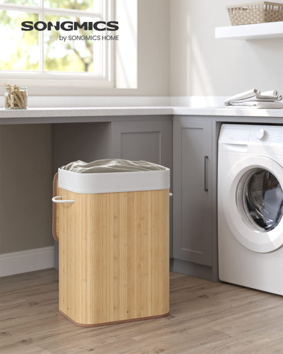 SONGMICS Wäschekorb mit Deckel, 72 L, Wäschekorb aus Bambus, faltbar, mit abnehmbarem waschbarem Beutel, Griffen, für Waschküche, Schlafzimmer, Holzfarbe LCB10Y