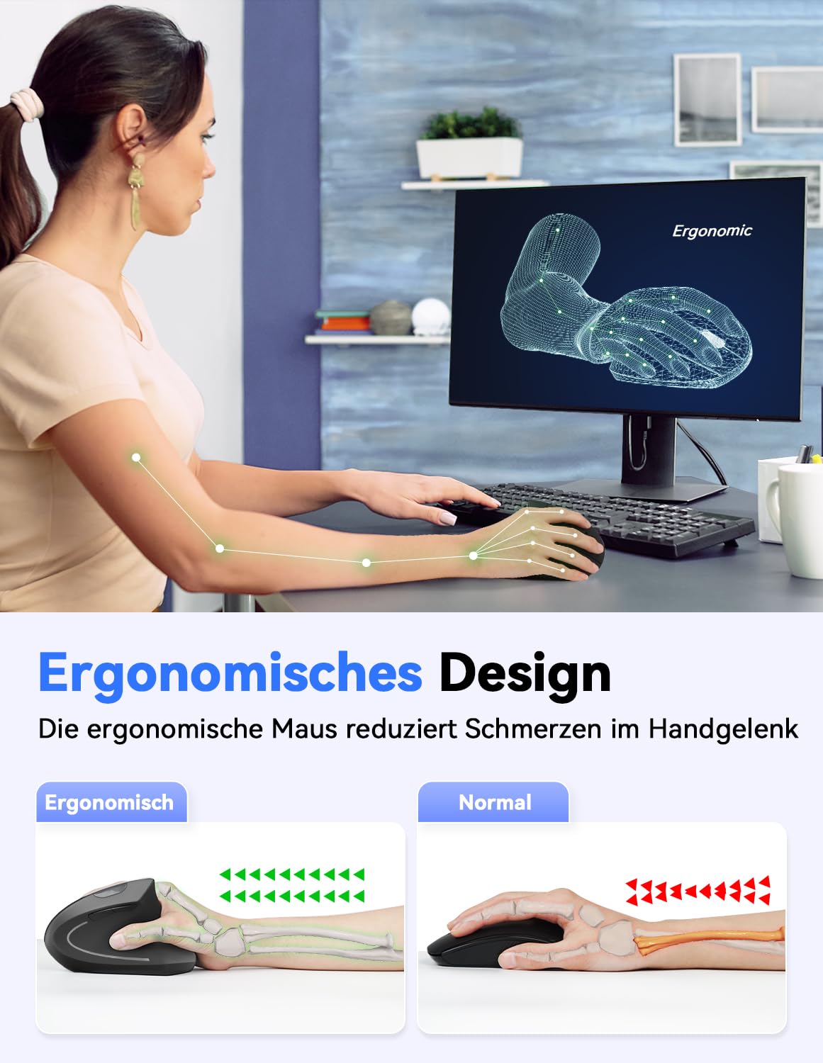 TECKNET Wireless Vertikale Ergonomische Maus, 4800 DPI 5 Tasten Kabellose Optische Maus, 2.4G USB Vertical Ergonomic Optical Mouse Kabellos für Windows und Mac OS