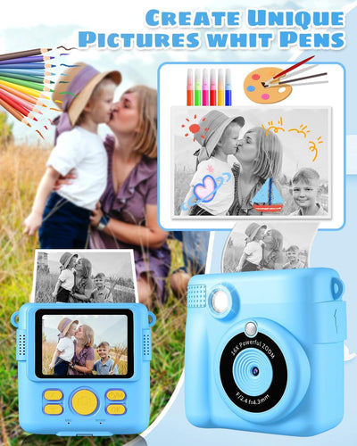 Kinderkamera Spielzeug, 2.4 Zoll Bildschirm DIY Sofortbildkamera Kinder, 1080P HD-Video Digitalkamera für Kinder, mit 32GB SD Karte & Druckpapier, Geschenk für Mädchen & Jungen ab 3-14 Jahren (Blau)