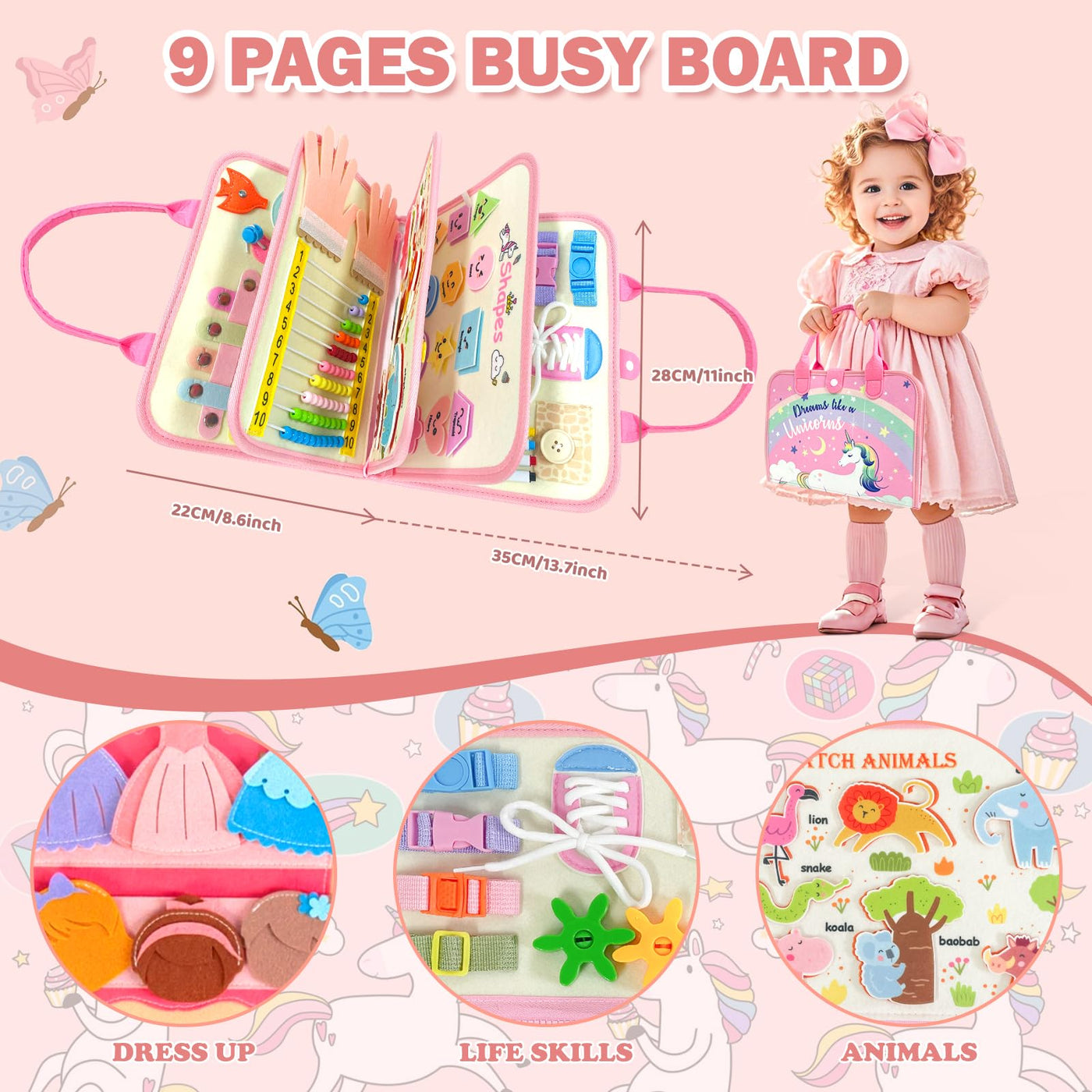 Sumtoco Busy Board, Montessori Spielzeug 2 Jahre, 9 In 1 Montessori Activity Board, Busy Board Ab 1 2 Jahr, Kinderspielzeug Ab 1 Jahr, Geschenk Für Spielzeug Ab 1 2 3 4 Mädchen, Quiet Book