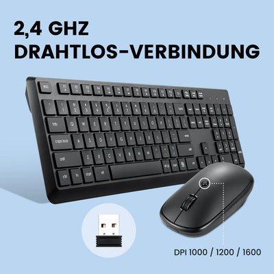 Perixx PERIDUO-716, Kabellose 2,4-GHz Tastatur-Maus-Set, Standardgröße - Schwarz, Deutsches QWERTZ