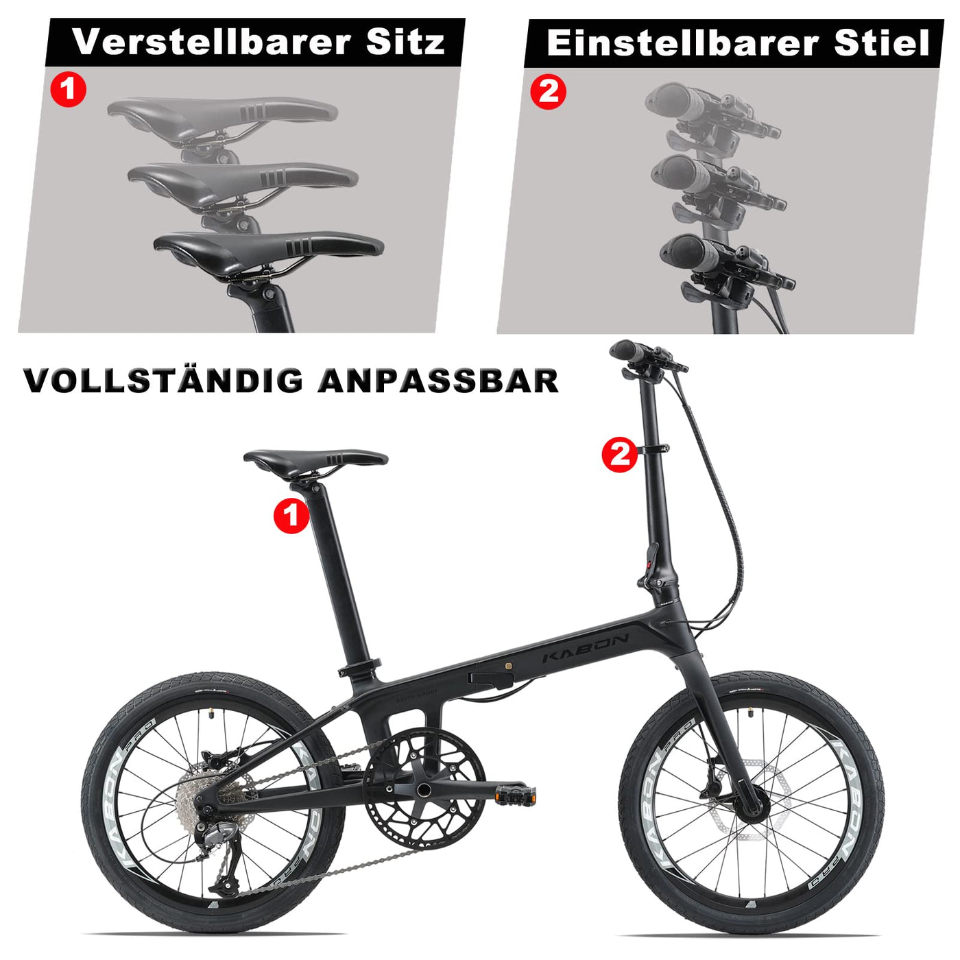 KABON Klapprad 20 Zoll Carbon, 9 Geschwindigkeit Faltrad mit Carbon Rahmen Ultraleichtes Mini Stadtfahrrad Faltrad Klapprad Herren Damen (Neu Schwarz)