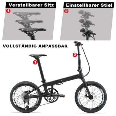 KABON Klapprad 20 Zoll Carbon, 9 Geschwindigkeit Faltrad mit Carbon Rahmen Ultraleichtes Mini Stadtfahrrad Faltrad Klapprad Herren Damen (Neu Schwarz)