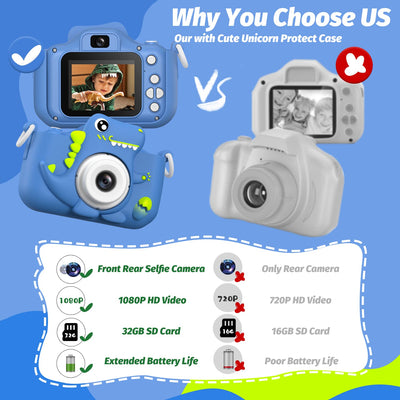 Neu Dinosaurier Kinderkamera, Weihnachten Geburtstag Geschenke für Mädchen Jungen Alter 3-12, 1080P HD Selfie Digital Video Kamera, Niedliche kleine Mädchen Geschenke Spielzeug für 3 4 5 6 Jahre