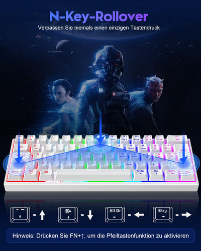 TECURS Gaming Tastatur, Mechanische Tastatur 60% TKL QWERTZ Blaue Schalter, Gamer Tastatur Kabelgebunden 61 Tasten für PC Windows/PS5/PS4, Weiß