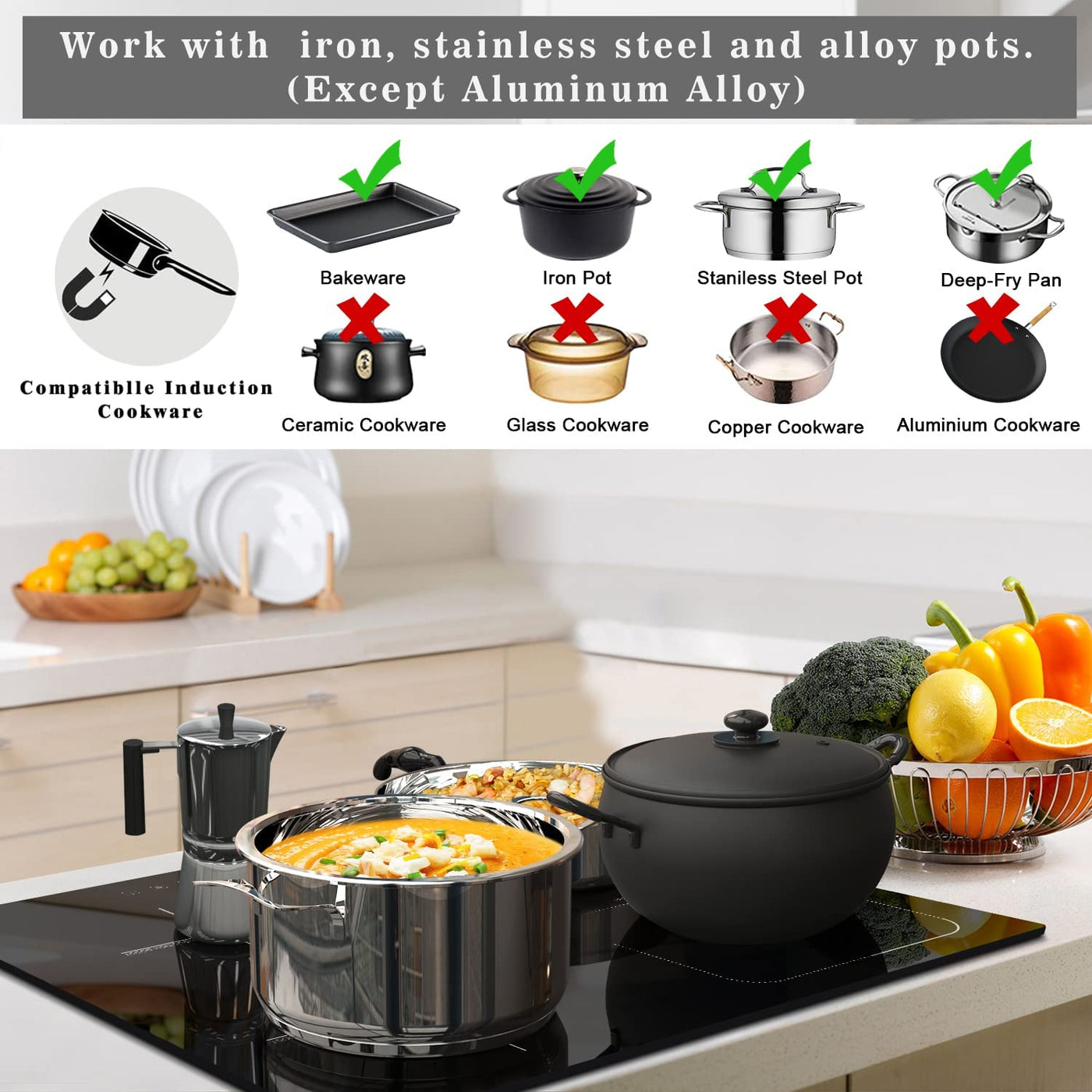 Karinear Induktionskochfeld 60 cm Flexzonen, 4-Zonen-Elektrokochfeld Einbau mit Flexzone, Schieberegler, Boost-Funktion und Timer, 7200 W, 220V-240V, kein Stecker