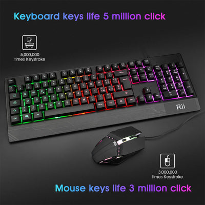 Rii Gaming RK400+ (italienisches Layout) - Set aus Tastatur und Maus, LED-Hintergrundbeleuchtung 7 Farben (Regenbogen), Anti-Ghosting, Empfindlichkeit einstellbar bis zu 3.200 dpi