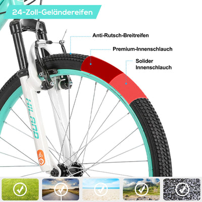 HILAND Climber 24 Zoll Kinderfahrrad, 7 Gang V-Bremse Kinder Mountainbike, Jugend MTB mit Federgabel, Mountainbike für Jungen Mädchen Mintgrün