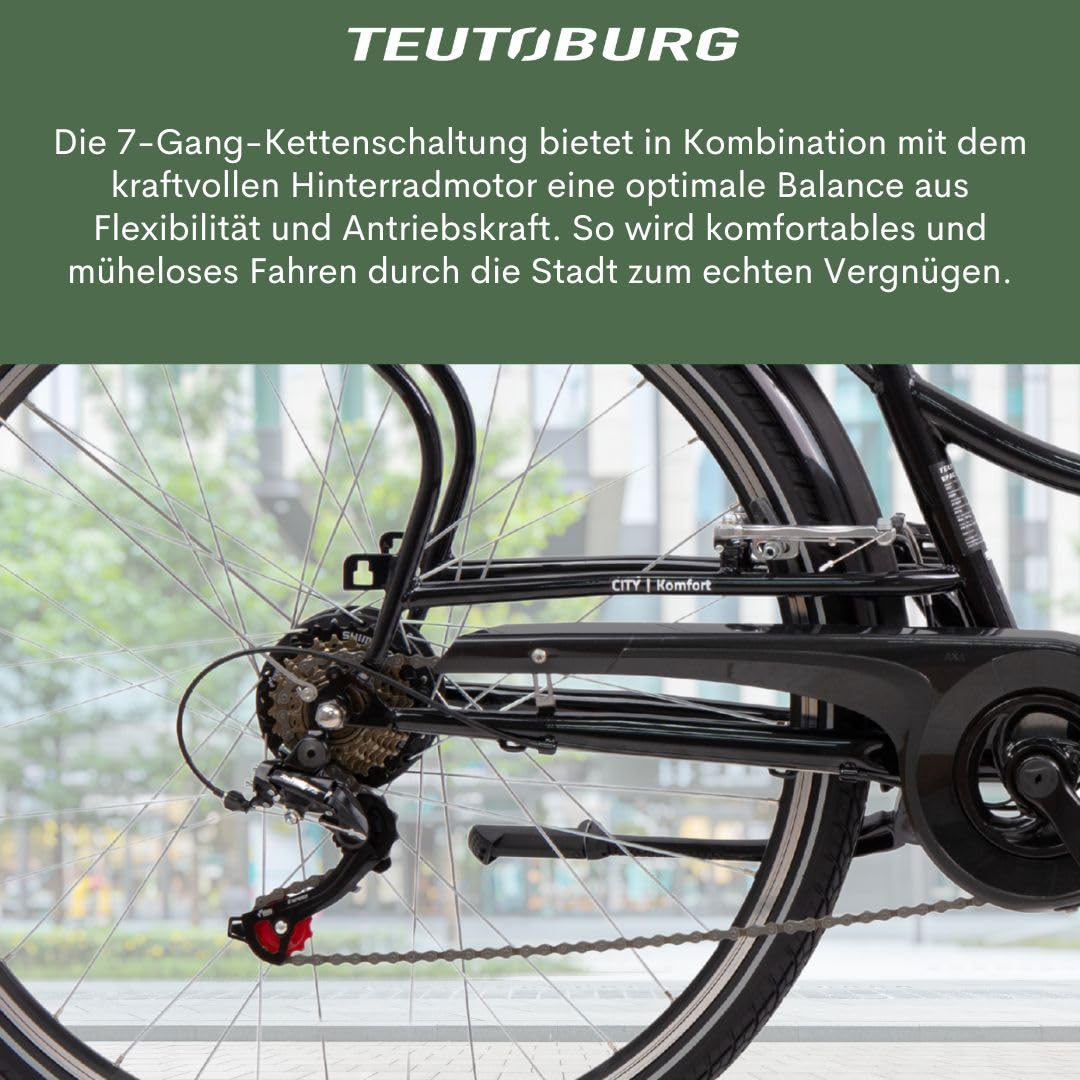 Teutoburg Senne Fahrrad Pedelec Citybike Elektrofahrrad schwarz, E-Bike 28 Zoll, 10,4 Ah/36V Lithium Ionen Akku, 7-Gang Kettenschaltung, inkl. Panzerkabelschloss