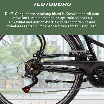 Teutoburg Senne Fahrrad Pedelec Citybike Elektrofahrrad schwarz, E-Bike 28 Zoll, 10,4 Ah/36V Lithium Ionen Akku, 7-Gang Kettenschaltung, inkl. Panzerkabelschloss