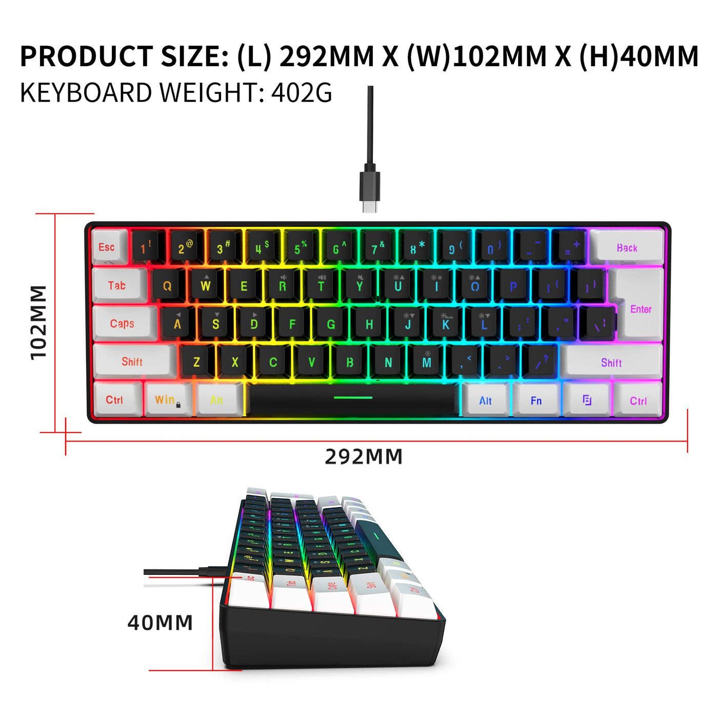 Snpurdiri 60% Percent Gaming Tastatur, Ergonomische Kleine Mini Gaming Tastatur, Silent Compact RGB Tastatur für Windows, PC, Laptop, Gaming (61 Tasten, Weiß-Schwarz)