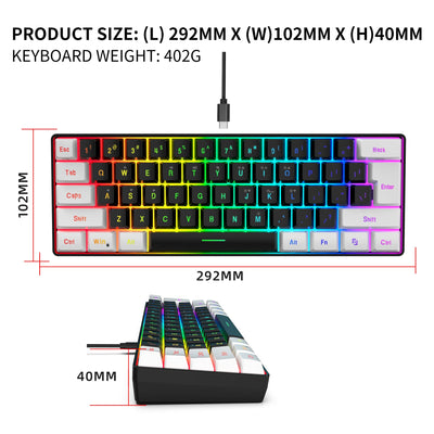 Snpurdiri 60% Percent Gaming Tastatur, Ergonomische Kleine Mini Gaming Tastatur, Silent Compact RGB Tastatur für Windows, PC, Laptop, Gaming (61 Tasten, Weiß-Schwarz)