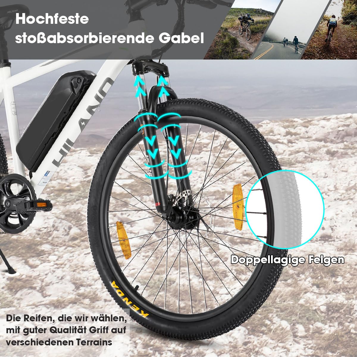 Hiland 26 Zoll Elektrofahrrad, 7 Gang 250W Motor E-Bike für Männer Frauen, Herren und Damen Elektro-Mountainbike mit Scheibenbremsen, 36V 7.8Ah Akku E-MTB, Weiß