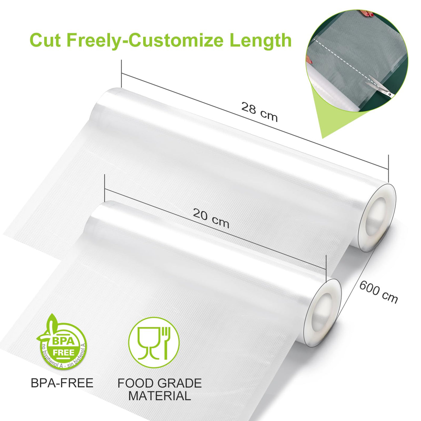 Bonsenkitchen Vakuumrollen 3 Rollen 28x600cm + 3 Rollen 20x600cm Vakuumierfolie - Profi Vakuumbeutel für Vakuumierer Lebensmittel Vakuumiergerät, Kochfest und Sous Vide Gefrierbeutel, BPA-frei, VB3211