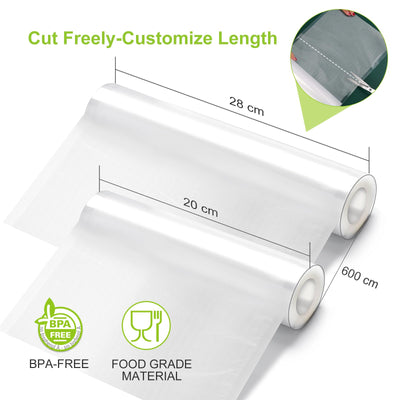 Bonsenkitchen Vakuumrollen 3 Rollen 28x600cm + 3 Rollen 20x600cm Vakuumierfolie - Profi Vakuumbeutel für Vakuumierer Lebensmittel Vakuumiergerät, Kochfest und Sous Vide Gefrierbeutel, BPA-frei, VB3211