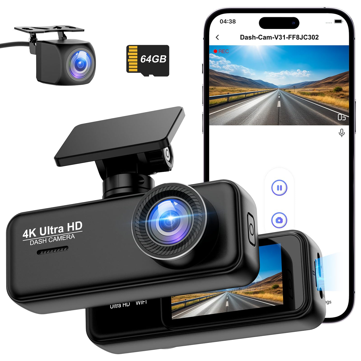 Dashcam Auto 4K+1080P SIGRILL Dashcam Auto Vorne Hinten, WiFi Dash Cam APP Steuerung, kostenlose 64-GB-Karte, Ultra Nachtsicht Daschcam, 24H Parkmodus, G-Sensor, Loop-Aufnahme, Max 256GB